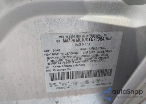 2008 Mazda Mazda6 I Sport Ve from USA, damaged, VIN 1YVHP80C085M45595